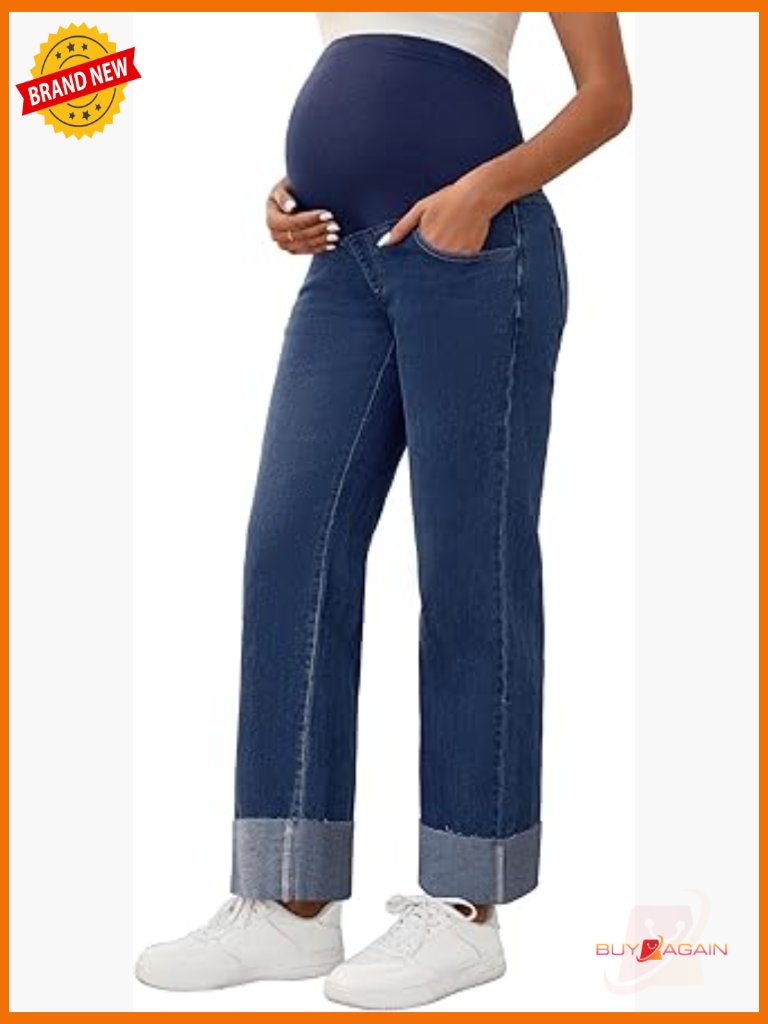 Maternity Denim Straight Leg Cuffed Over The Belly Jeans Stretchy Work Casual